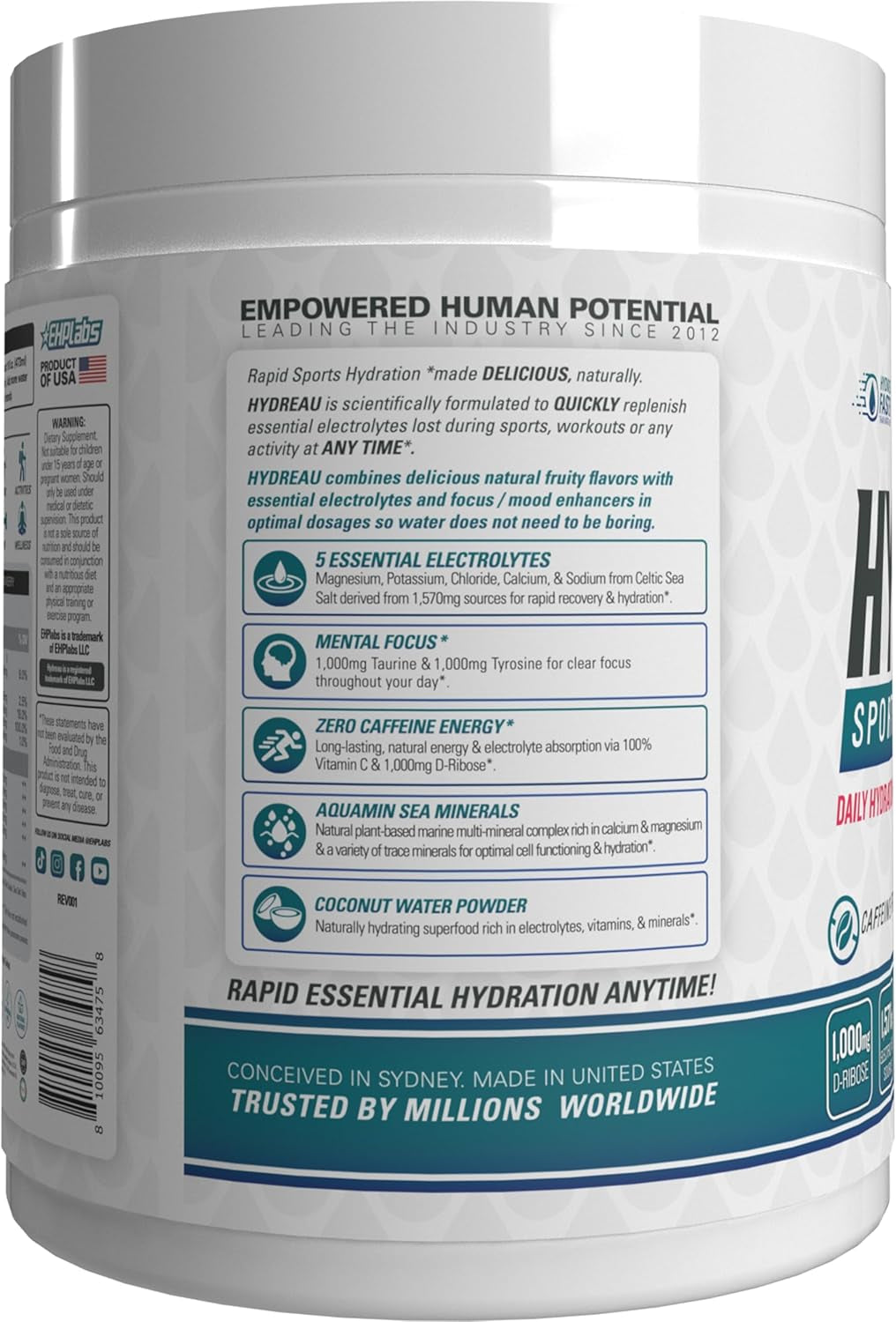 Hydreau Electrolytes Powder No Sugar - Hydration Powder for Endurance & Energy - Electrolyte Powder for Men & Women - Sugar Free Electrolytes - Kiwi Strawberry (40 Serves)
