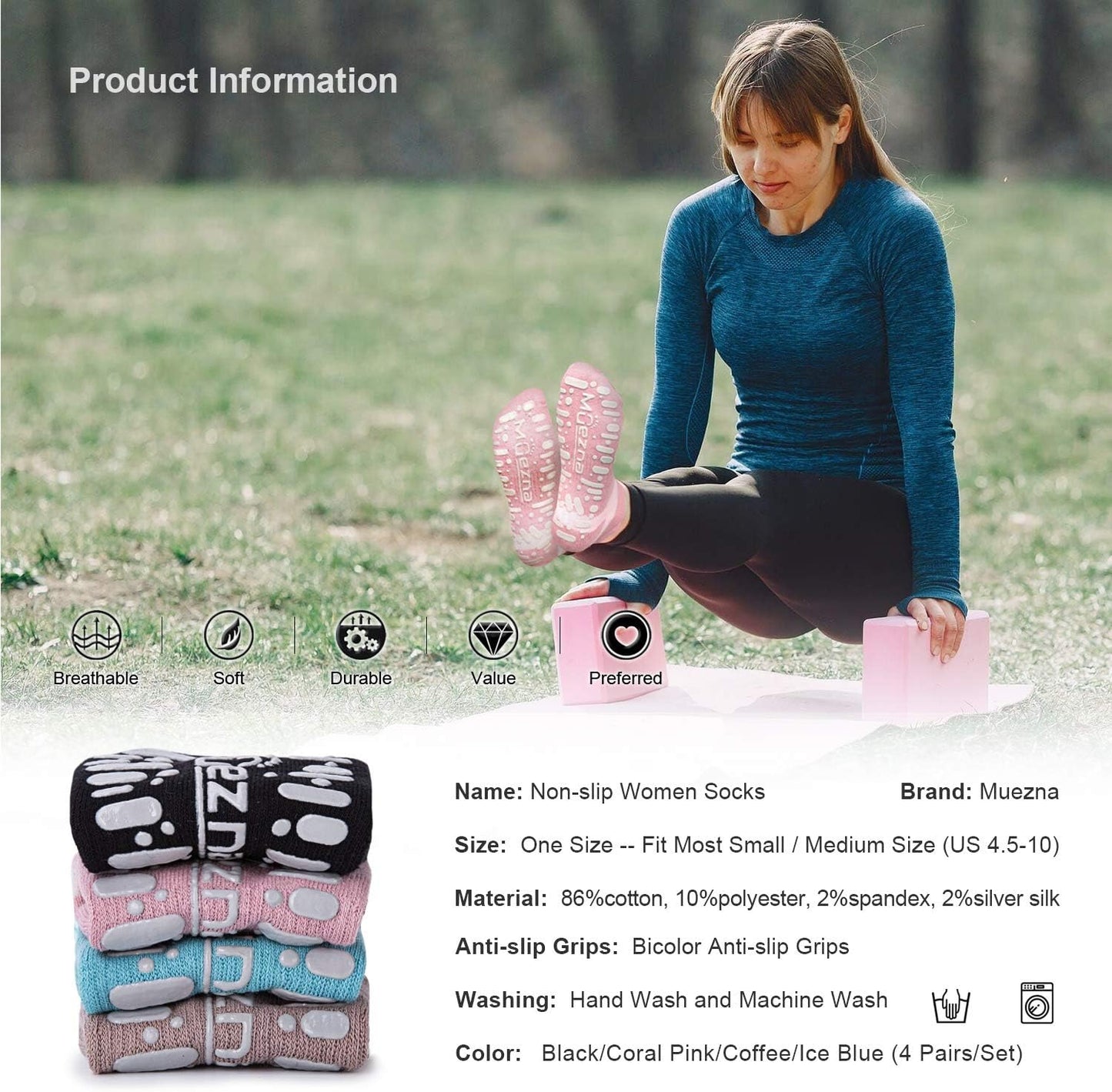 Non Slip Yoga Socks for Women, Anti-Skid Pilates, Barre, Hospital Socks with Grips, Size 5-10