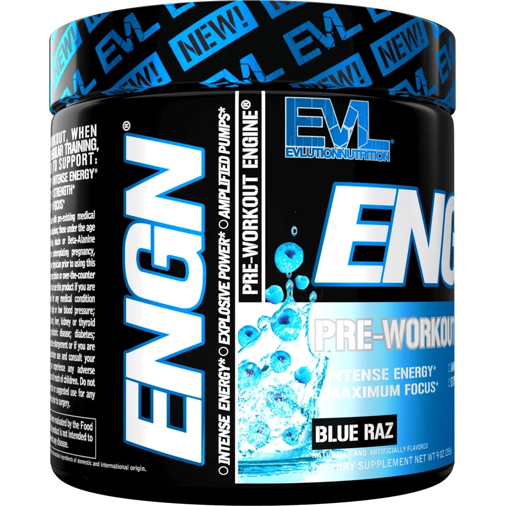 EVL Intense Pre Workout with Creatine - ENGN Energizing Pre Workout for Men Powder Drink for Lasting Energy Focus and Recovery - with Beta Alanine Caffeine and L Theanine - Blue Raz