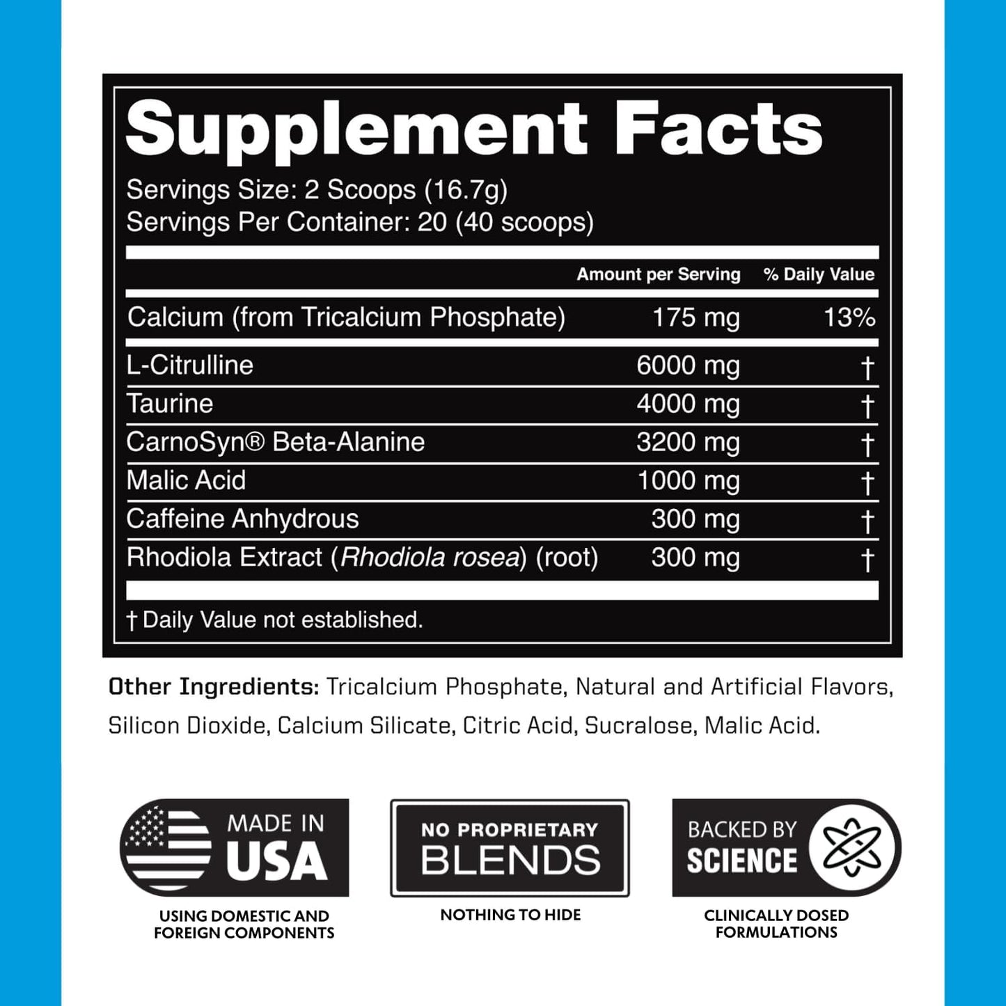 Preworkout for Men & Women - Nootropic Pre Workout without Creatine, Pre-Workout Powder with Taurine Rhodiola Citrulline Malate Beta Alanine Caffeine (Blue Raspberry)