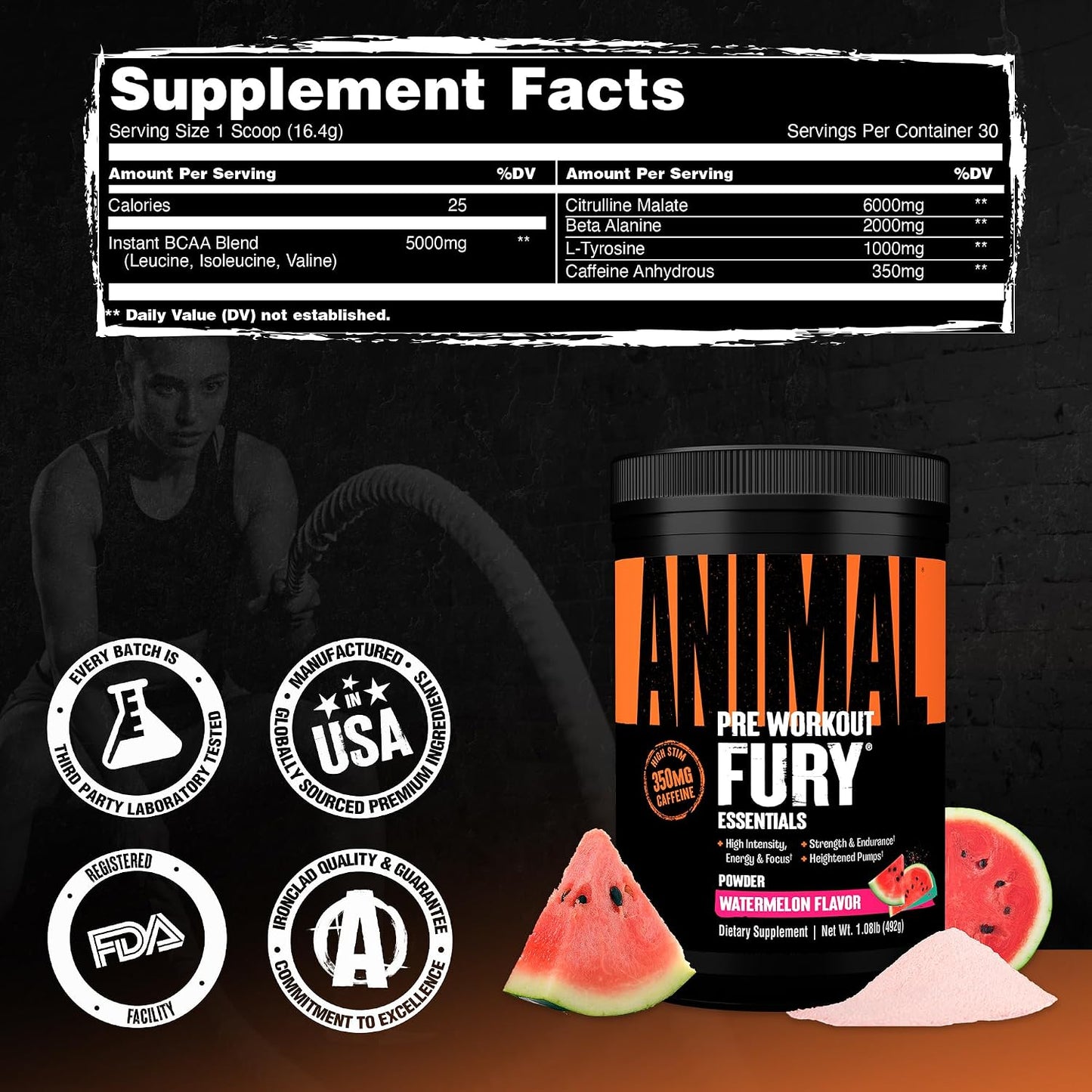Fury Pre Workout Powder Supplement for Energy and Focus 5G BCAA 350Mg Caffeine Nitric Oxide without Creatine Powerful Stimulant for Bodybuilders, Watermelon