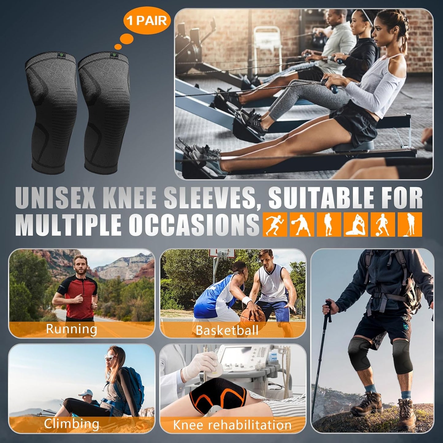 2 Pack Knee Braces for Running Knee Pain, Compression Knee Brace for Women & Men, Knee Sleeve, Sports Knee Braces for Meniscus Tear, ACL & Arthritis Pain Relief