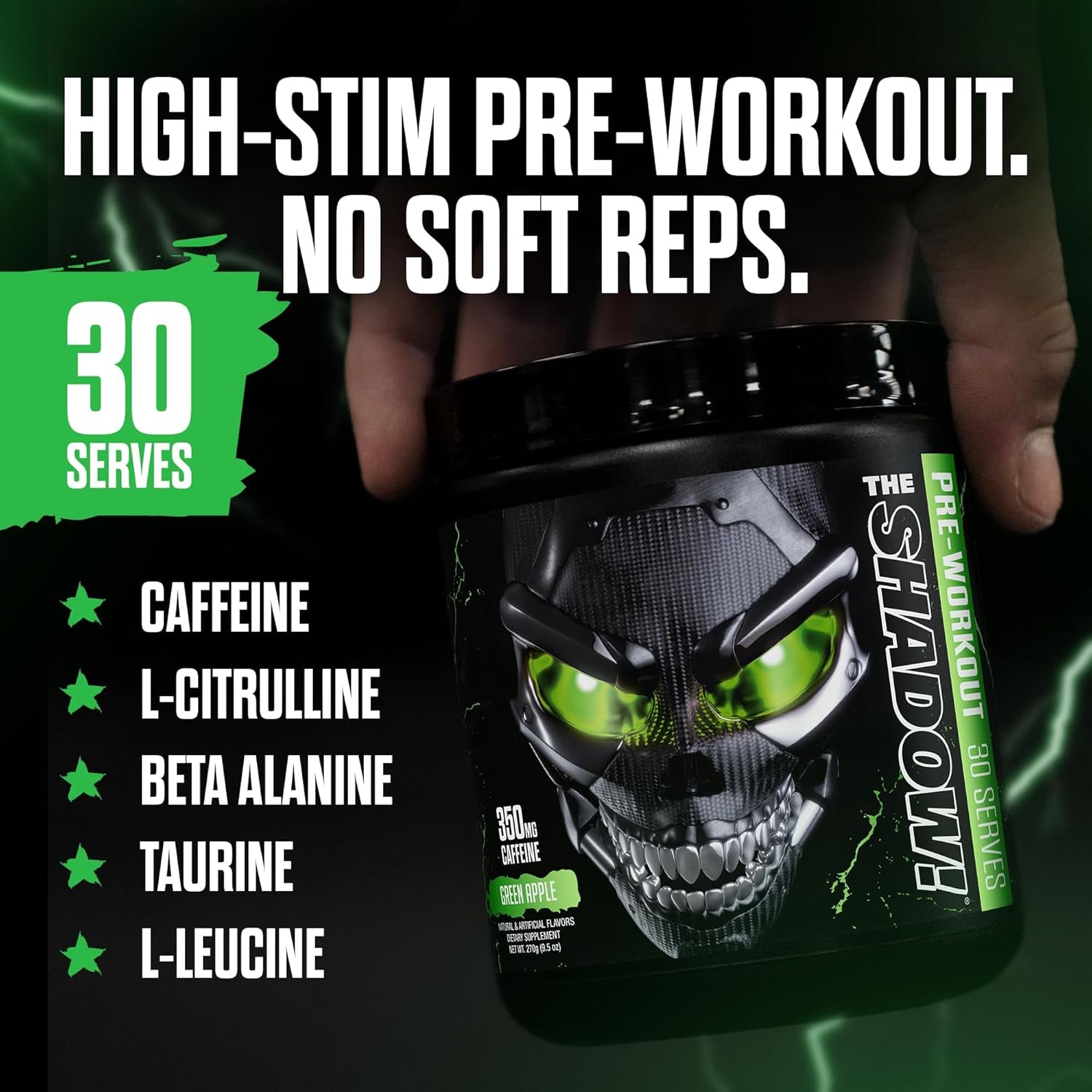 the Shadow! High Stim Preworkout – Pre Workout Powder for Men & Women, High Caffeine Pre Workout for Energy, Mental Focus & Strength, Green Apple, 30 Servings