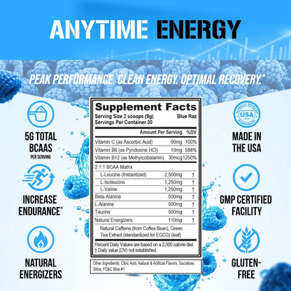 EVL Bcaas Amino Acids Powder - BCAA Energy Pre Workout Powder for Muscle Recovery Lean Growth and Endurance - Rehydrating Post Workout Recovery Drink with Natural Caffeine - Blue Raz