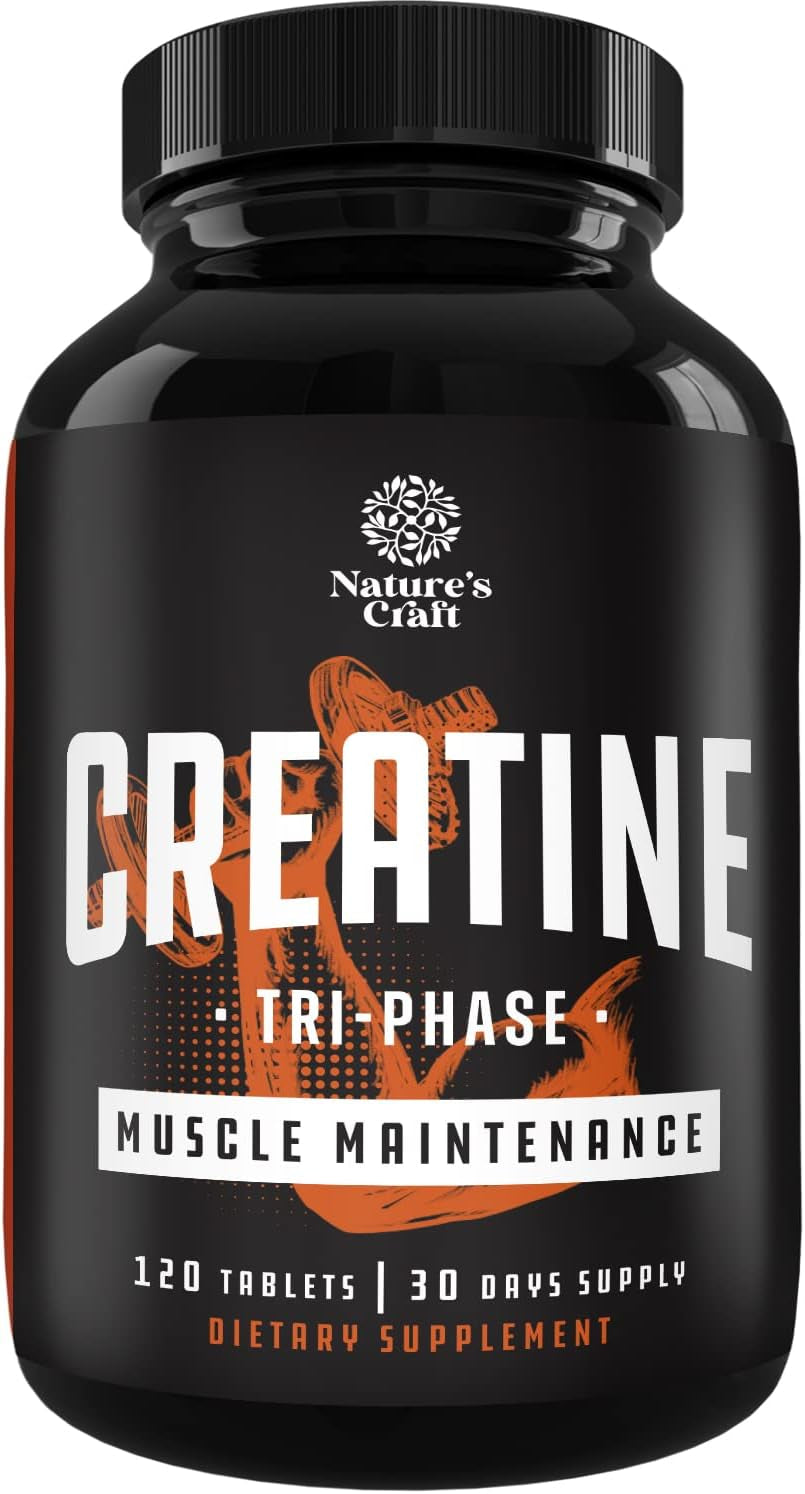 High Strength Tri Phase Creatine Tablets for Women & Men - Formula Blend of Creatine Monohydrate, 300Mg HCL & Pyruvate Supplement - Muscle Mass Gain & Recovery Supplement - 120 Count