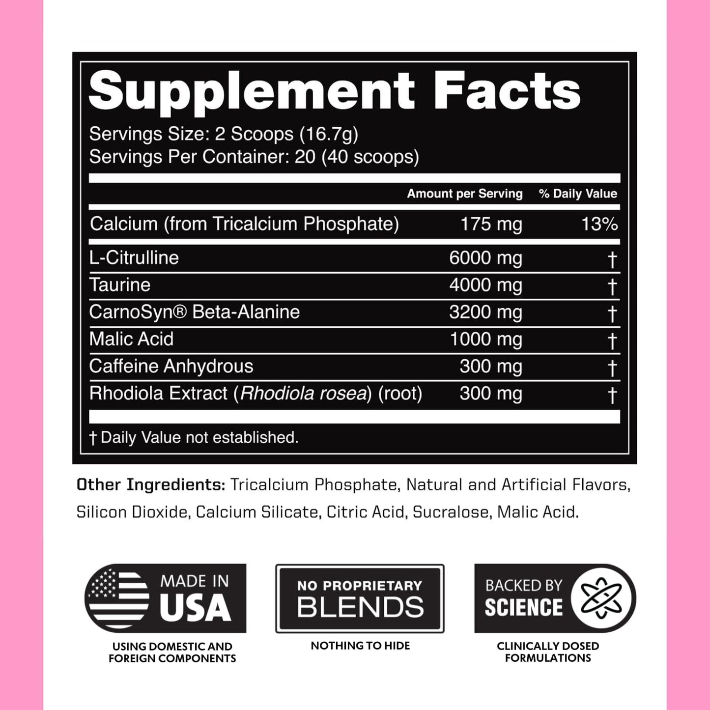 Preworkout for Men & Women - Nootropic Pre Workout without Creatine, Pre-Workout Powder with Taurine Rhodiola Citrulline Malate Beta Alanine Caffeine (Strawberry Lemonade)