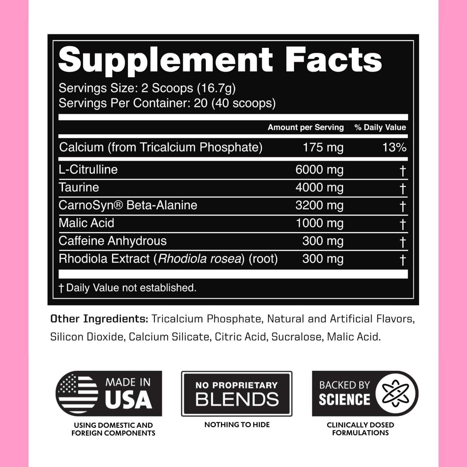 Preworkout for Men & Women - Nootropic Pre Workout without Creatine, Pre-Workout Powder with Taurine Rhodiola Citrulline Malate Beta Alanine Caffeine (Strawberry Lemonade)