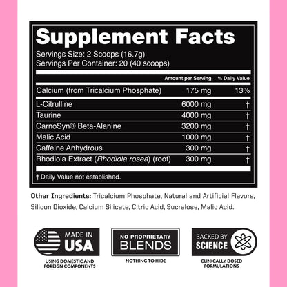 Preworkout for Men & Women - Nootropic Pre Workout without Creatine, Pre-Workout Powder with Taurine Rhodiola Citrulline Malate Beta Alanine Caffeine (Strawberry Lemonade)