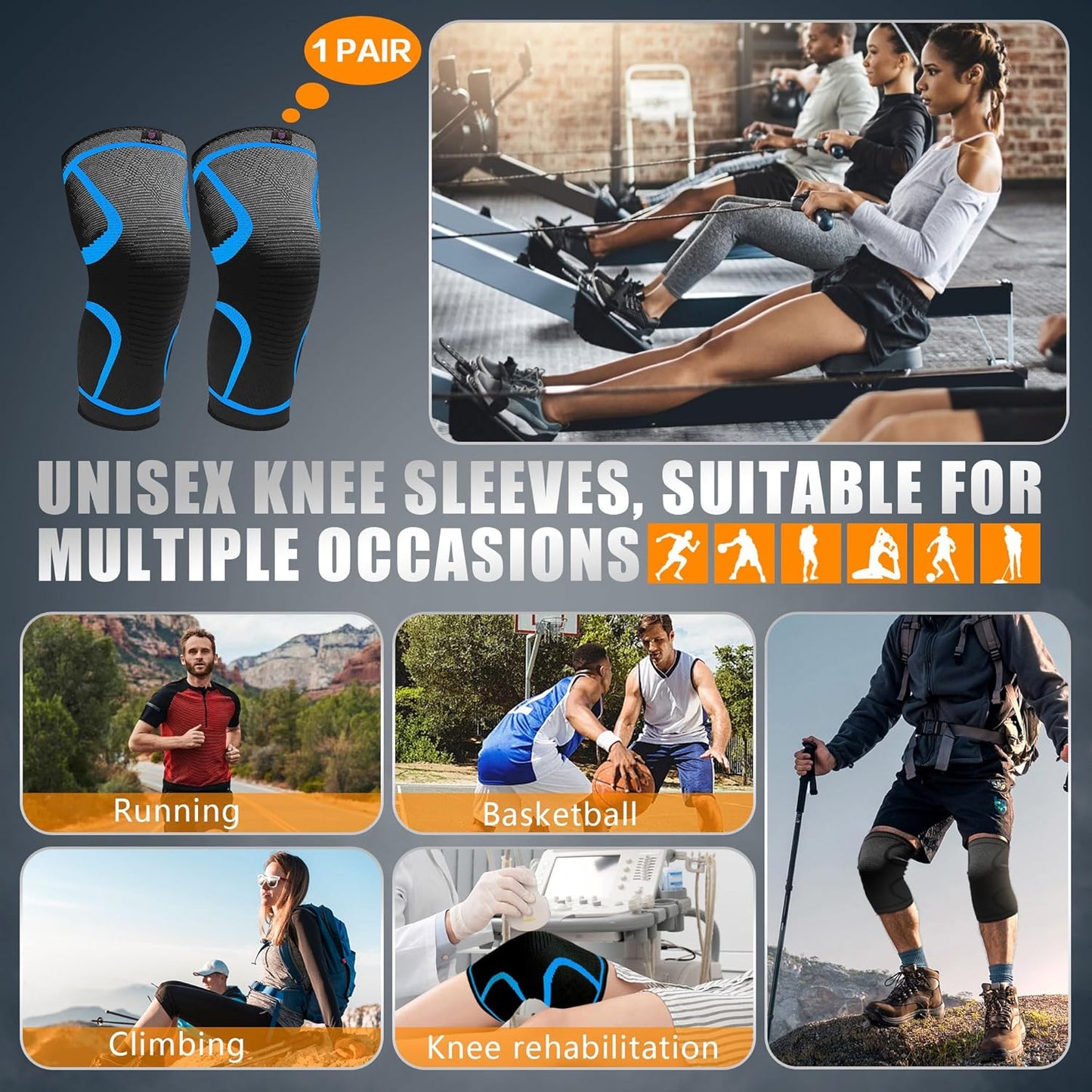 2 Pack Knee Braces for Running Knee Pain, Compression Knee Brace for Women & Men, Knee Sleeve, Sports Knee Braces for Meniscus Tear, ACL & Arthritis Pain Relief