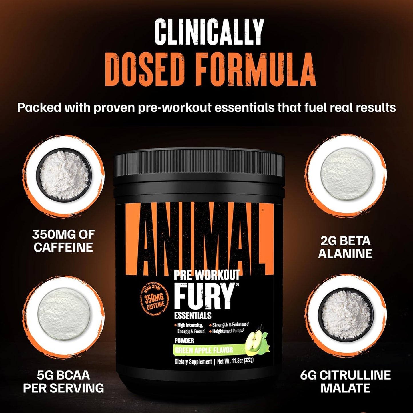 Fury Pre Workout Powder - Green Apple, 350Mg Caffeine, BCAA Amino Acids, 2G Beta Alanine, Citrulline & Tyrosine, Energy, Focus, Strength, Endurance, Preworkout for Men & Women, 20 Servings