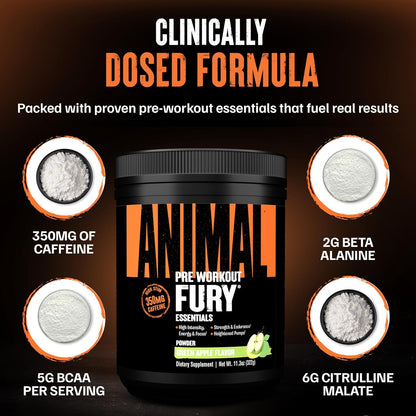 Fury Pre Workout Powder - Green Apple, 350Mg Caffeine, BCAA Amino Acids, 2G Beta Alanine, Citrulline & Tyrosine, Energy, Focus, Strength, Endurance, Preworkout for Men & Women, 20 Servings