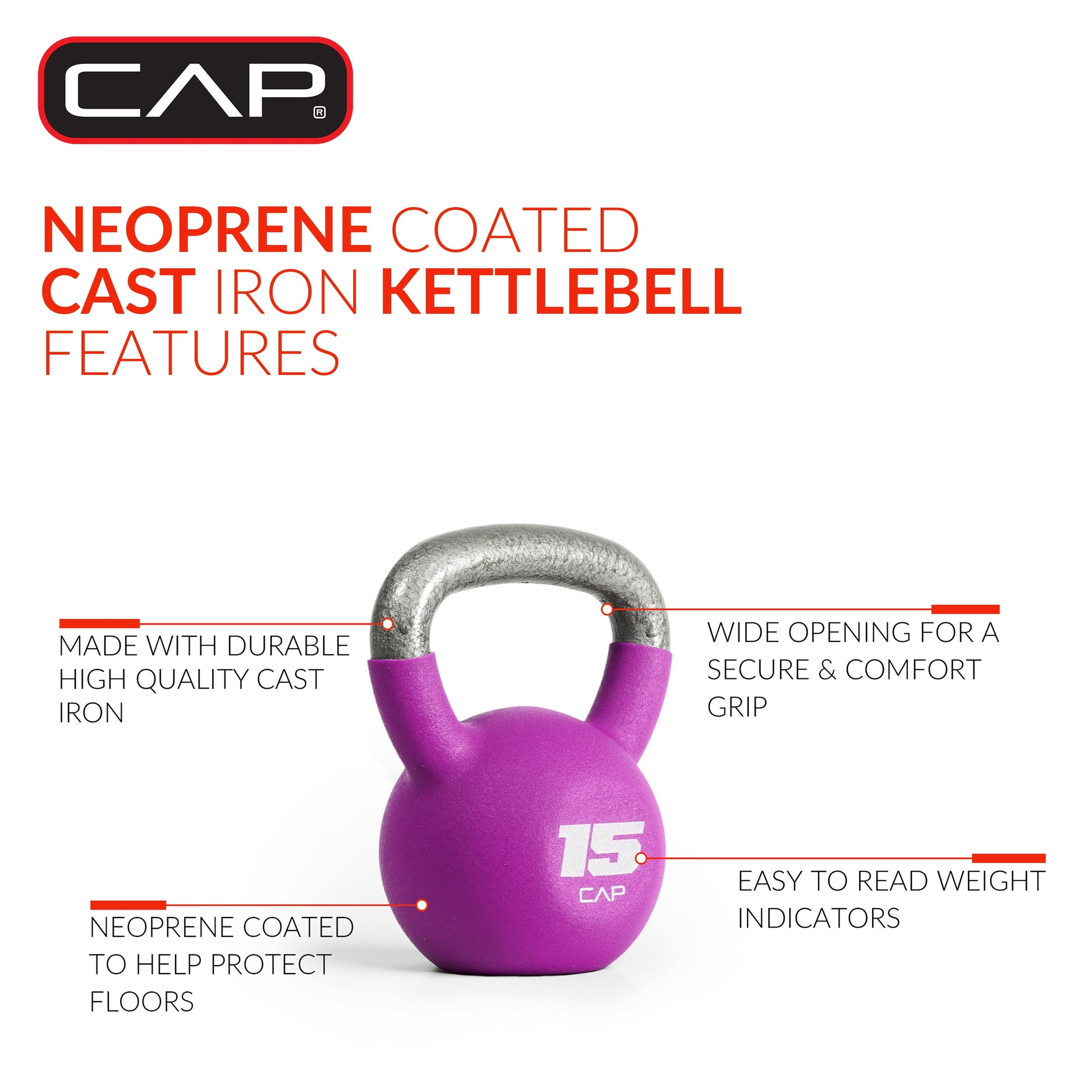 , 15Lb Neoprene Coated Kettlebell, Purple