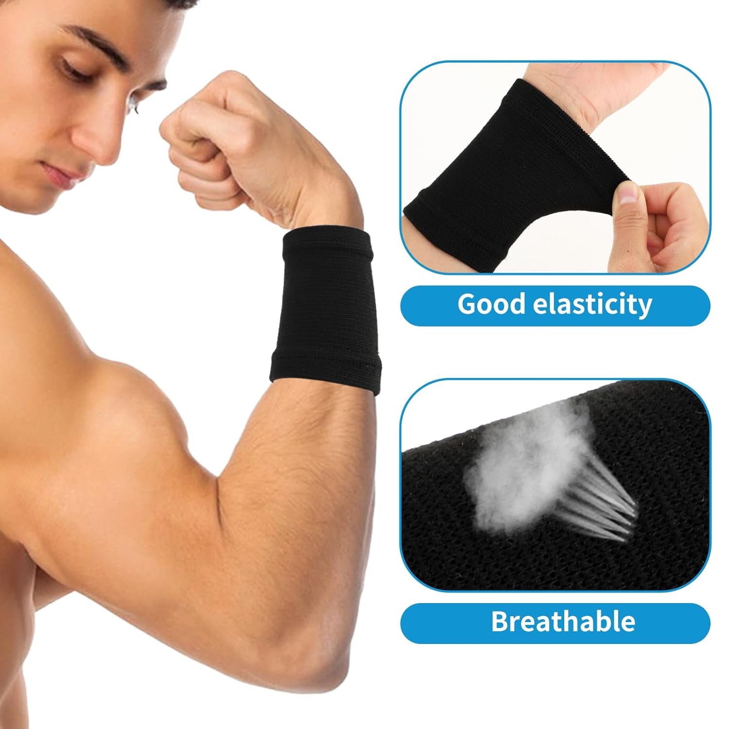 Wrist Compression Sleeve, 2 Pairs Spandex Soft Elastic Wrist Brace Hand Band Sport Support Wraps Arthritis Pain Relief for Men Women Work Gym Typing Golf Volleyball (Black)