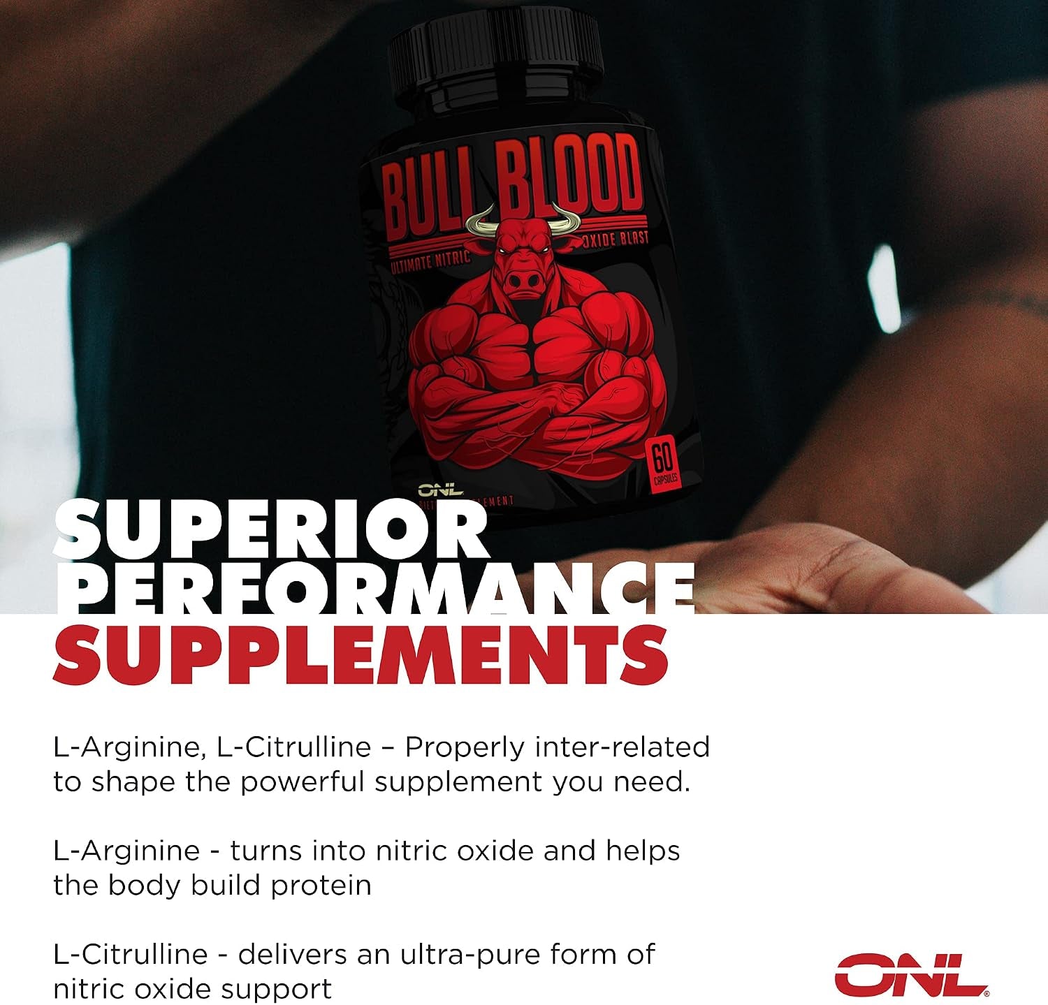 Bull Blood Nitric Oxide Supplements for Men - Nitrous Oxide Booster & Pre Workout Pills with L-Arginine - Blood Flow for Men - Nitric Oxide Booster for Enhancing Male Strength & Energy - 60Ct