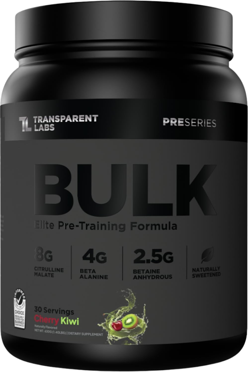 Bulk Black Pre Workout - Clinically Dosed, Sugar Free Preworkout for Men and Women with Beta Alanine Powder, Citrulline Malate, & Caffeine - 30 Servings, Cherry Kiwi