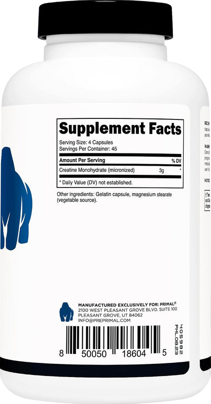 Creatine Monohydrate (3,000 Mg, 180 Caps) - Micronized Creatine Supplement, 750Mg per Capsule, Great for Preworkout and Recovery - Gluten-Free, Non-Gmo