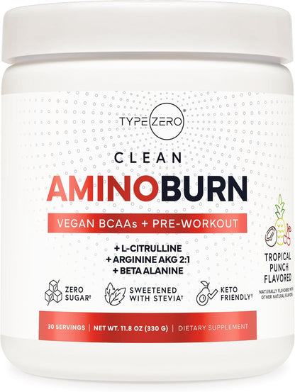 Aminoburn - Natural Pre Workout + BCAA (Tropical Punch | 30Serv) Sugar Free Bcaas Amino Acids Supplement Keto Preworkout, Amino Preworkout and Post Workout Drink