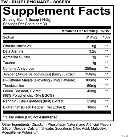 Total War Pre Workout - Beta Alanine + Citrulline Malate Keto Friendly Preworkout for Men & Women with 320Mg of Caffeine - Fast Acting -Blue Lemonade (30 Servings)