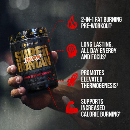 Superhuman Burn – 2 in 1 Metabolism Booster Pre Workout and Thermogenic Fat Burner for Men – Appetite Suppressant and Weight Loss Supplement (21 Servings, Sweet Black Cherry Flavor)