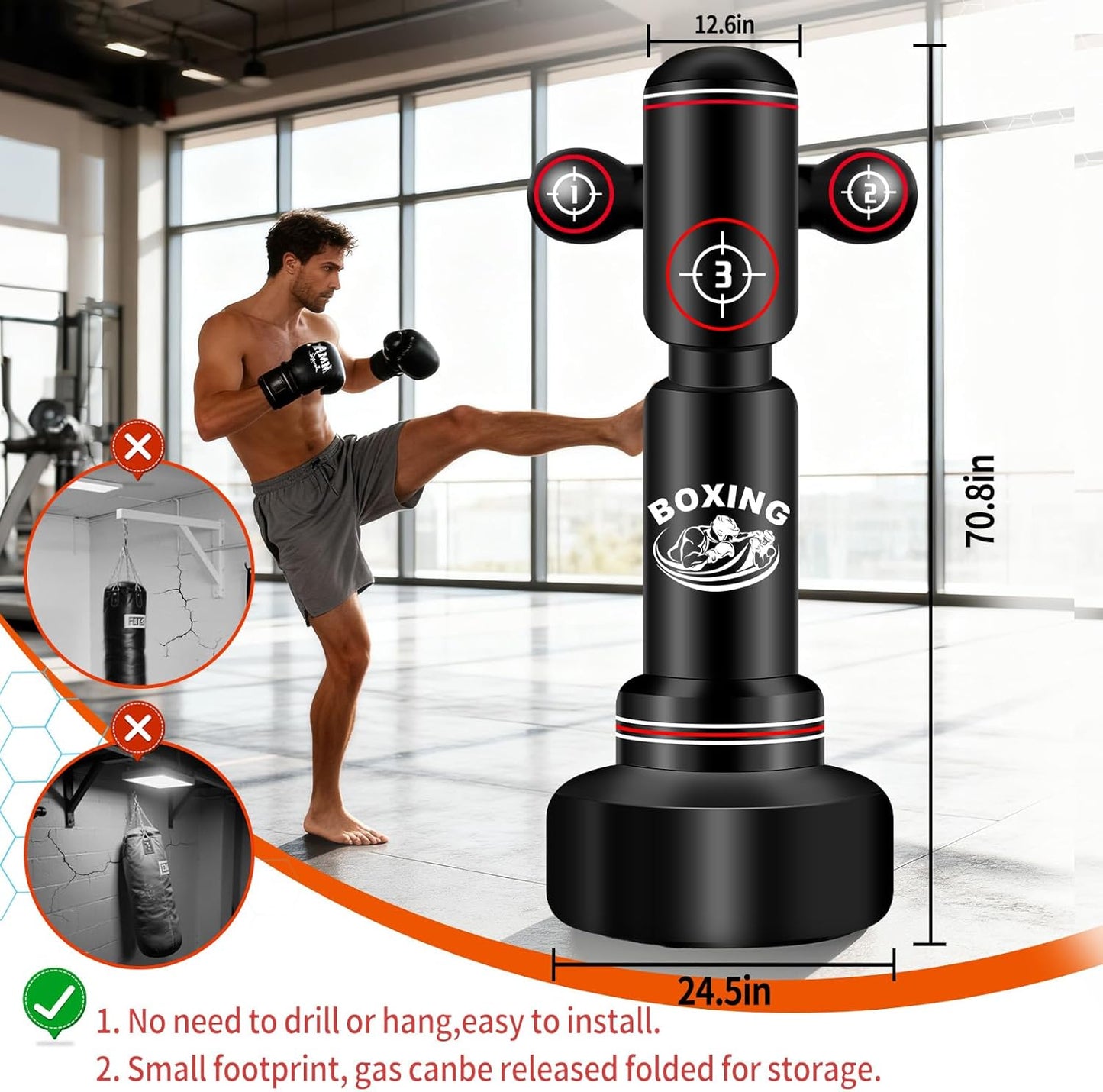 Heavy Boxing Bag with Stand for Adult Teens, 70'' Freestanding Punching Bag with Boxing Gloves, Men Women Standing Kickboxing Bag, Kickboxing Bags for Beginners Training MMA Muay Thai Fitness Home Gym