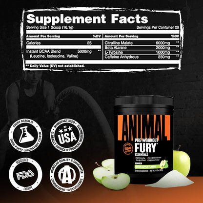Fury Pre Workout Powder - Green Apple, 350Mg Caffeine, BCAA Amino Acids, 2G Beta Alanine, Citrulline & Tyrosine, Energy, Focus, Strength, Endurance, Preworkout for Men & Women, 20 Servings