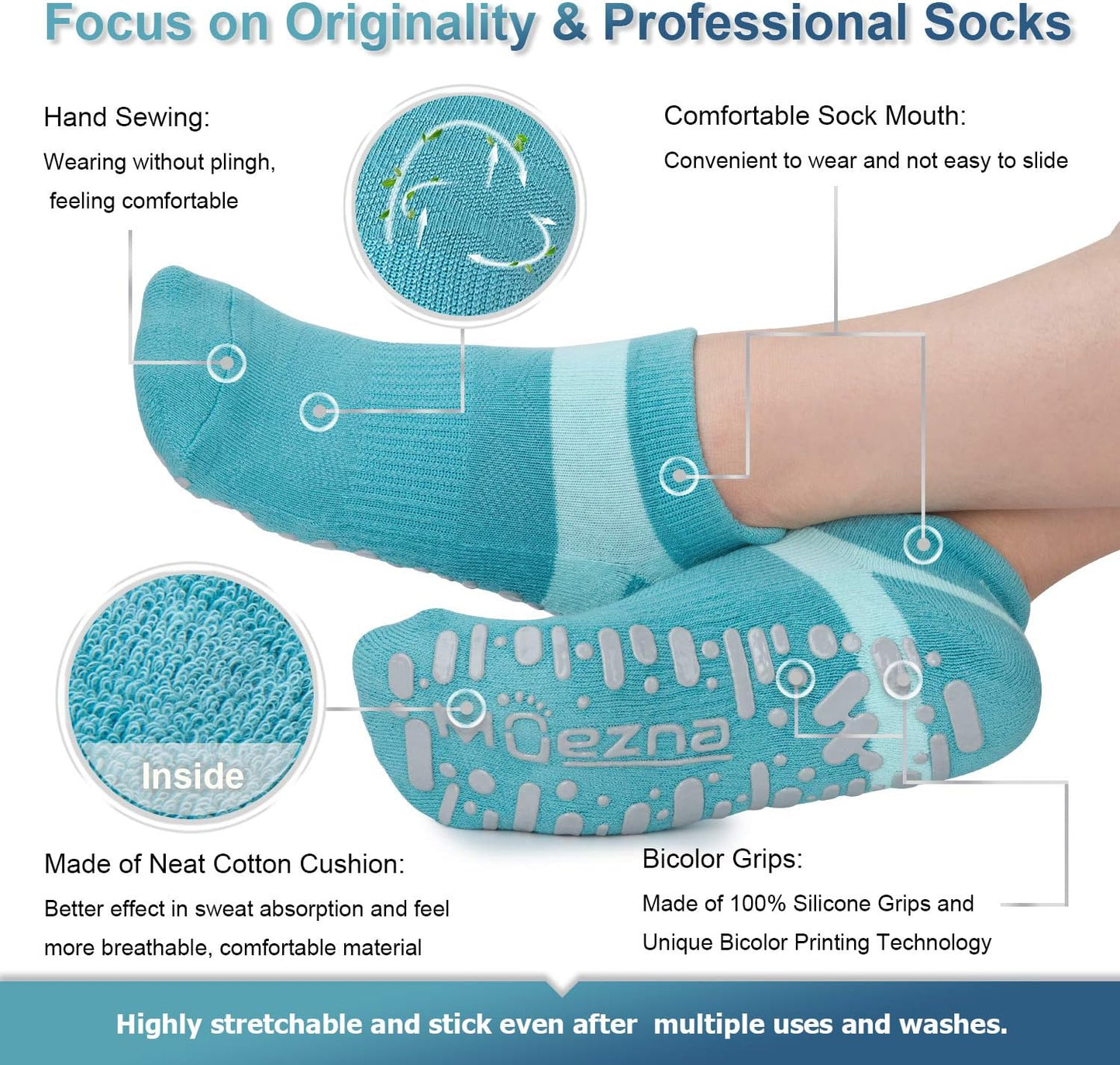 Non Slip Yoga Socks for Women, Anti-Skid Pilates, Barre, Hospital Socks with Grips, Size 5-10