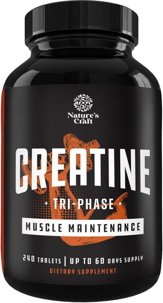 High Strength Tri Phase Creatine Tablets for Women & Men - Formula Blend of Creatine Monohydrate, 300Mg HCL & Pyruvate Supplement - Muscle Mass Gain & Recovery Supplement - 240 Count