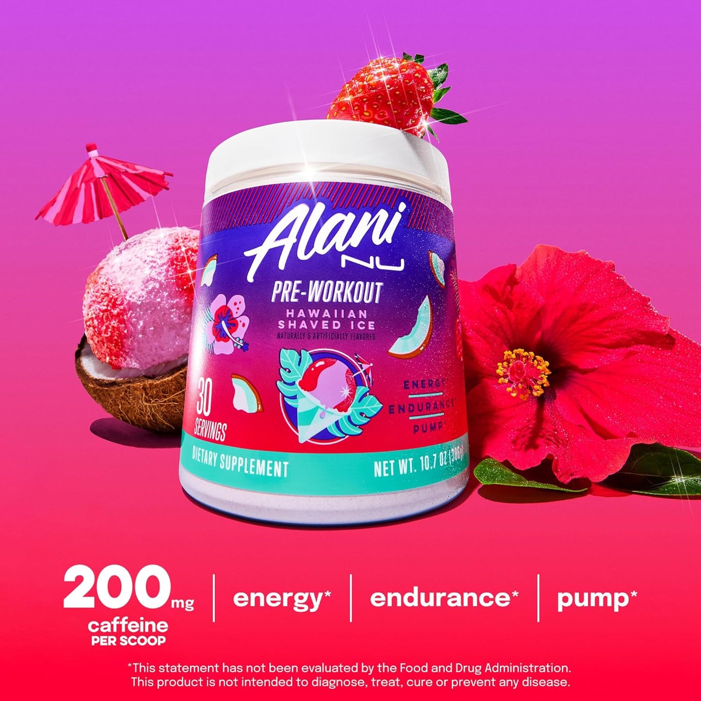 Pre Workout Powder Hawaiian Shaved ICE, Amino Energy Boost, Endurance Supplement, Sugar Free, 200Mg Caffeine, L-Theanine, Beta-Alanine, L-Citrulline, 30 Servings