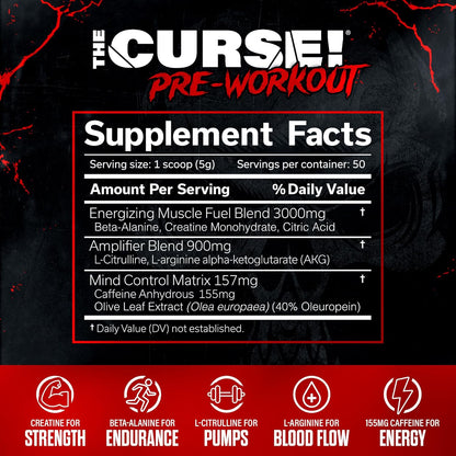 the Curse! Blue Raspberry Pre Workout Powder with Creatine – Extreme Energy Preworkout for Men & Women – 50 Servings – L Citrulline, Beta Alanine & Caffeine for Pump, Strength & Focus