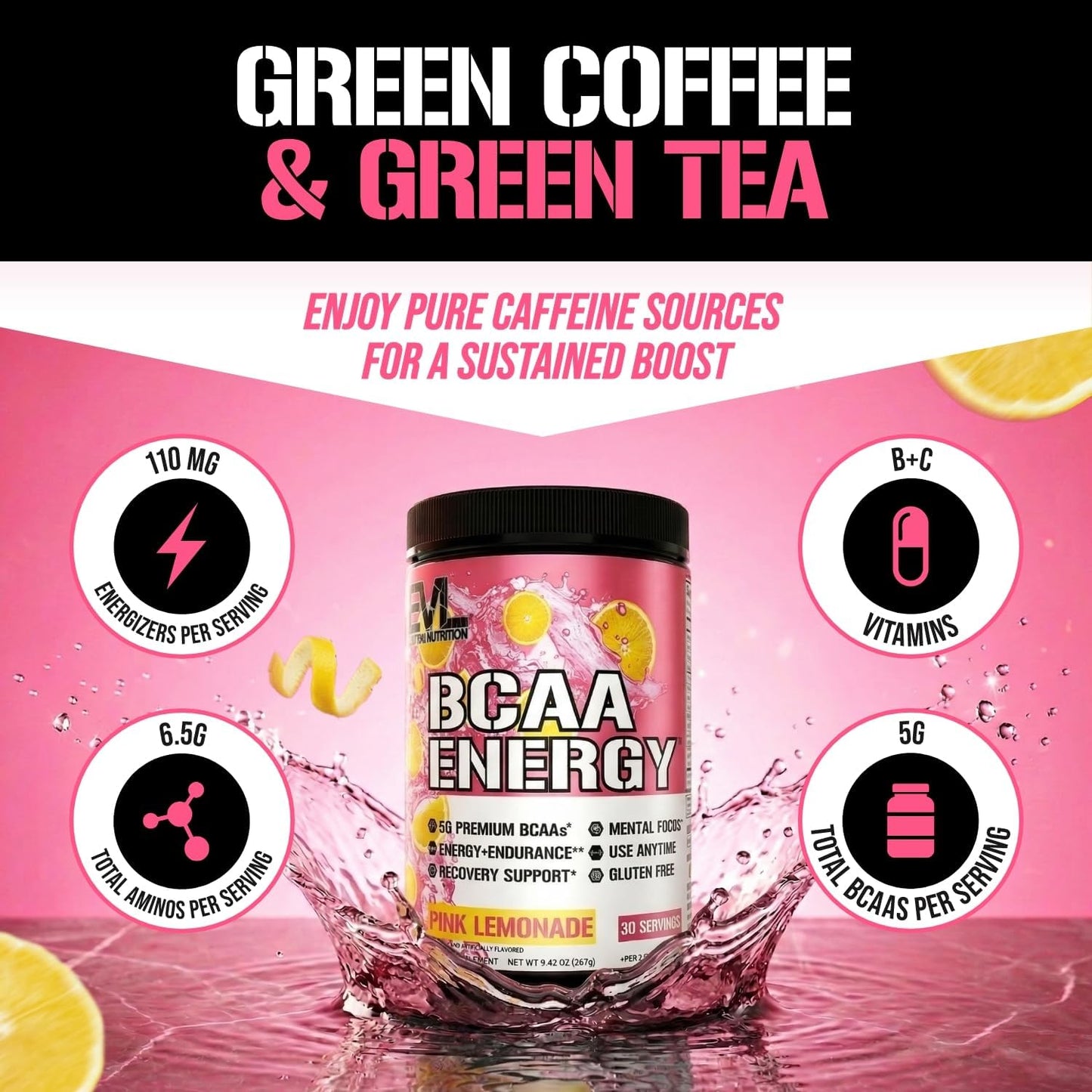 EVL Bcaas Amino Acids Powder - BCAA Energy Pre Workout Powder for Muscle Recovery Lean Growth and Endurance - Rehydrating Post Workout Recovery Drink with Natural Caffeine - Pink Lemonade