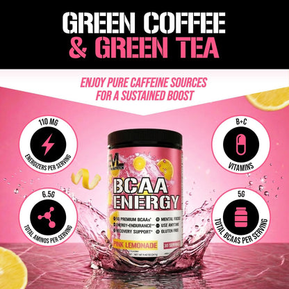 EVL Bcaas Amino Acids Powder - BCAA Energy Pre Workout Powder for Muscle Recovery Lean Growth and Endurance - Rehydrating Post Workout Recovery Drink with Natural Caffeine - Pink Lemonade
