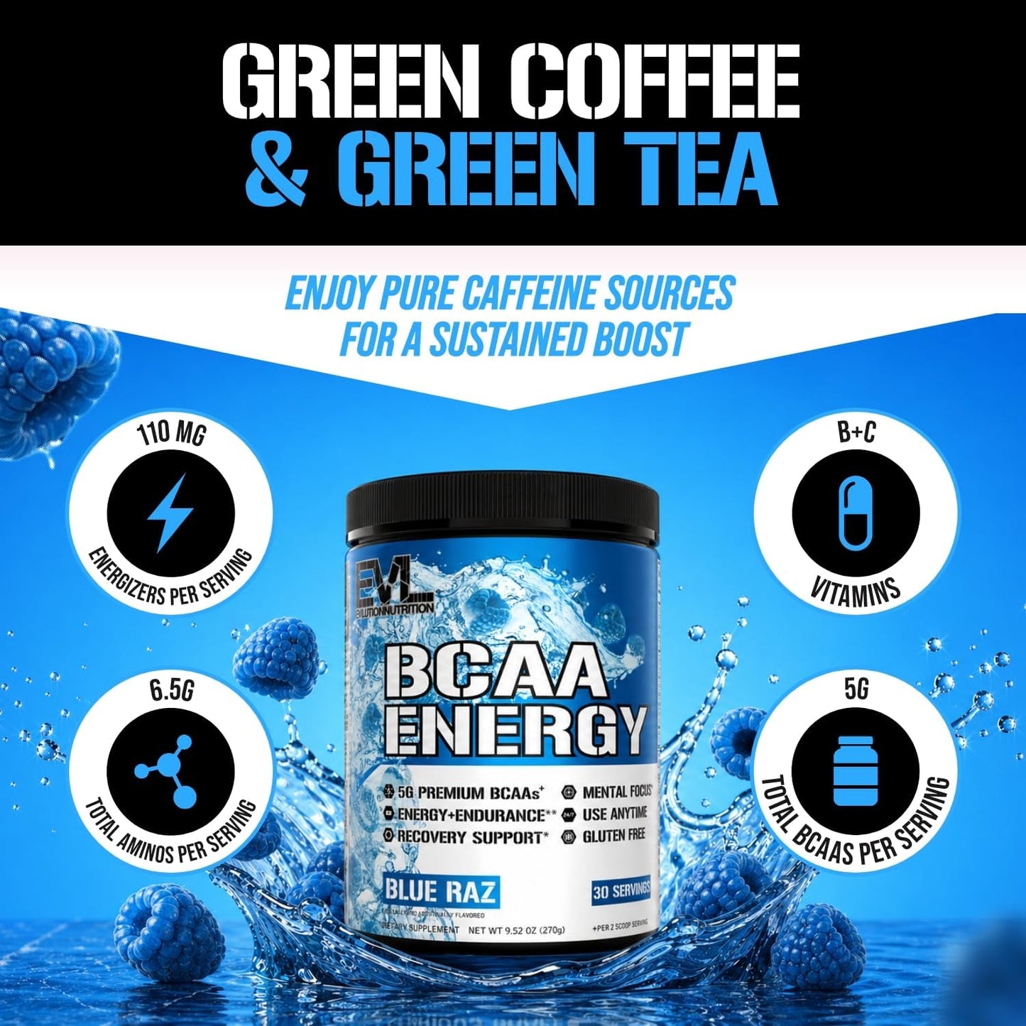EVL Bcaas Amino Acids Powder - BCAA Energy Pre Workout Powder for Muscle Recovery Lean Growth and Endurance - Rehydrating Post Workout Recovery Drink with Natural Caffeine - Blue Raz