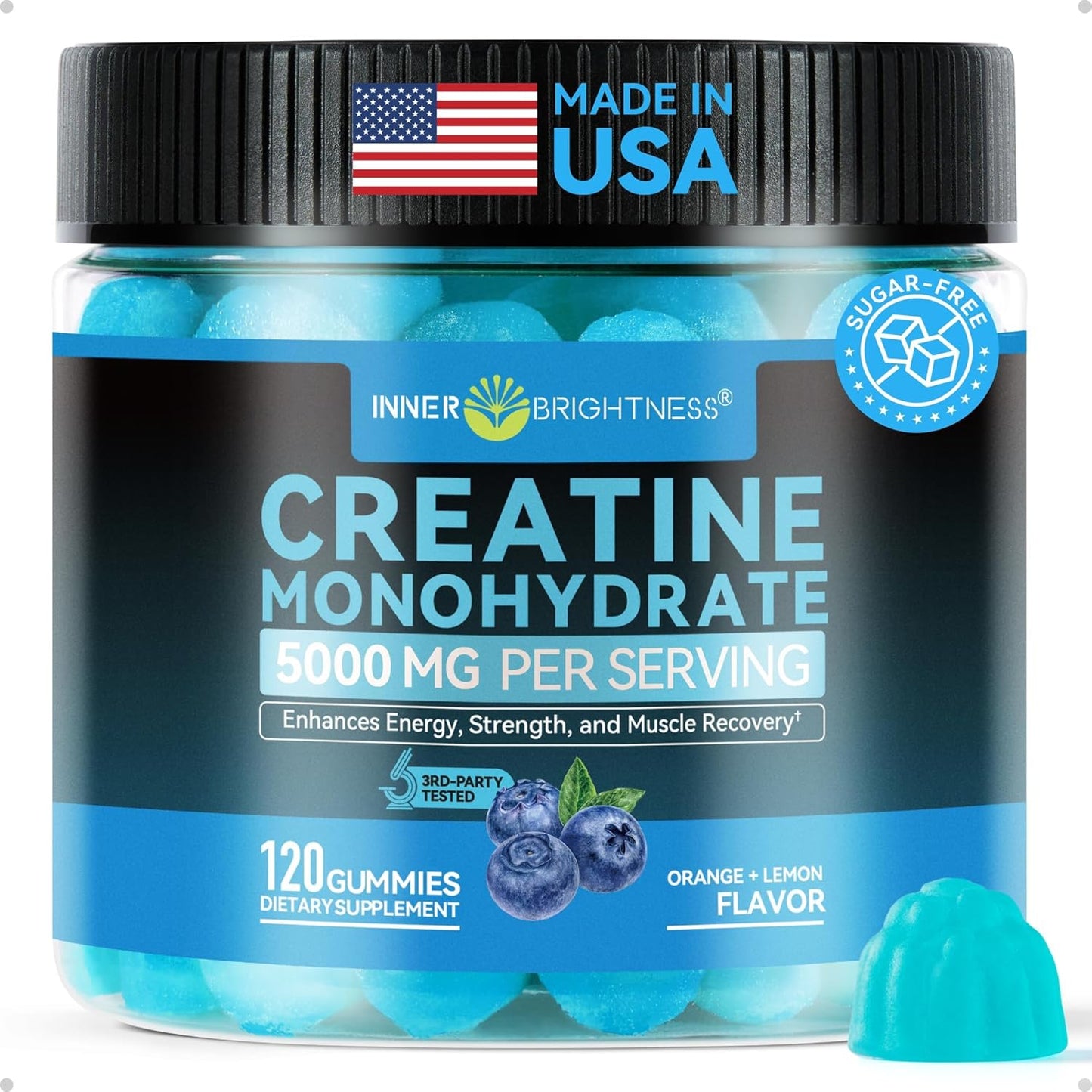 Creatine Monohydrate Gummies for Men & Women 5000 Mg, 3Rd Party Tested, Creatine Chews for Muscle Growth, Strength & Energy Support, Sugar Free, Vegan, 120 Count