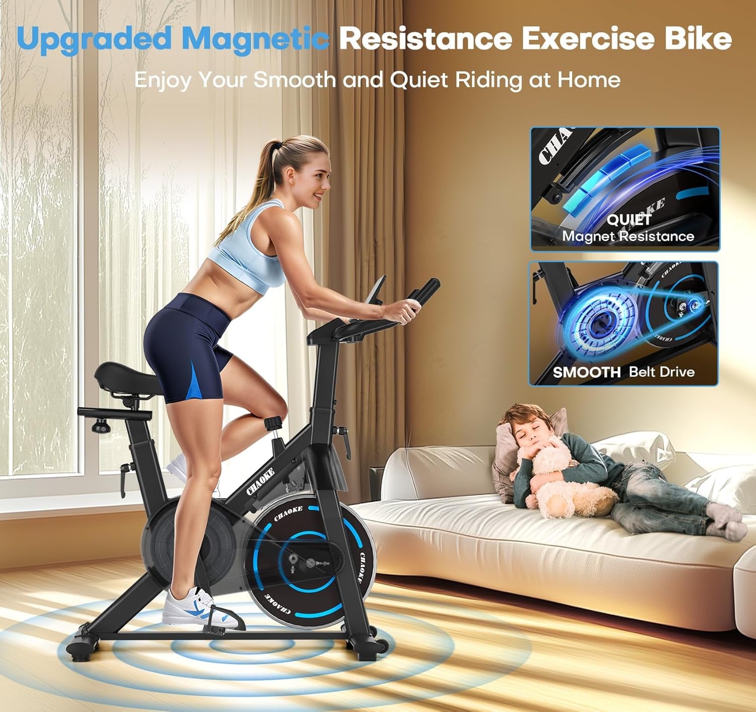 Exercise Bike,  Quiet Adjustable Magnetic Resistance Stationary Bike for Home Cardio with App Compatible, 350LB Weight Capacity Indoor Cycling Bike with Comfortable Seat & Digital Display