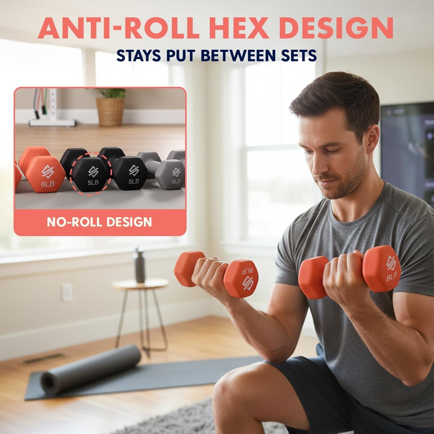 Dumbbell Weights Set with Stand, 32Lbs Neoprene Coated Weights in Color Gray, Black, and Orange, Hex Shape anti Slip and Roll Dumbbells for Exercise, Training, Fitness, Yoga