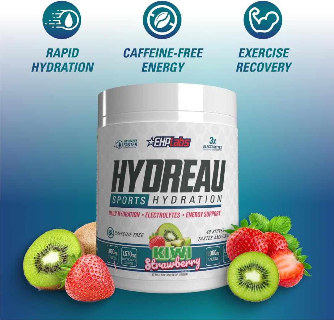 Hydreau Electrolytes Powder No Sugar - Hydration Powder for Endurance & Energy - Electrolyte Powder for Men & Women - Sugar Free Electrolytes - Kiwi Strawberry (40 Serves)