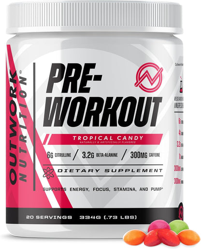 Preworkout for Men & Women - Nootropic Pre Workout without Creatine, Pre-Workout Powder with Taurine Rhodiola Citrulline Malate Beta Alanine Caffeine (Tropical Candy)