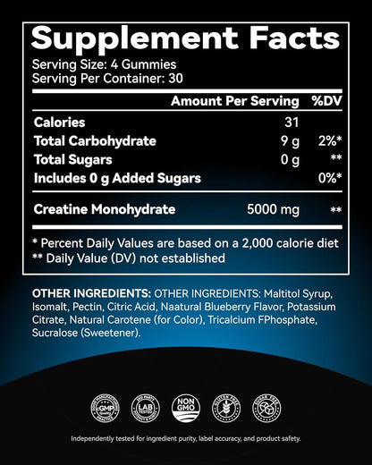 Creatine Monohydrate Gummies for Men & Women 5000 Mg, 3Rd Party Tested, Creatine Chews for Muscle Growth, Strength & Energy Support, Sugar Free, Vegan, 120 Count