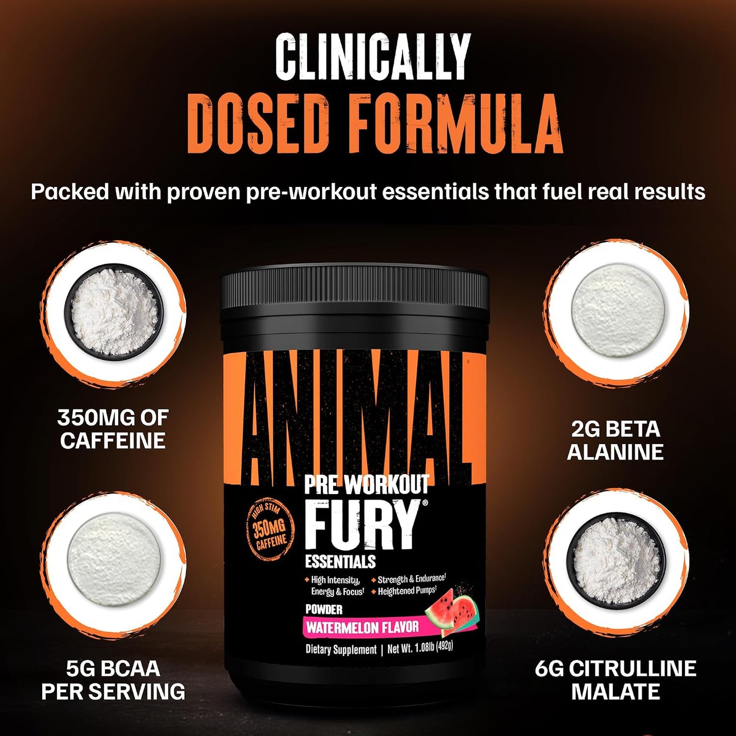 Fury Pre Workout Powder Supplement for Energy and Focus 5G BCAA 350Mg Caffeine Nitric Oxide without Creatine Powerful Stimulant for Bodybuilders, Watermelon