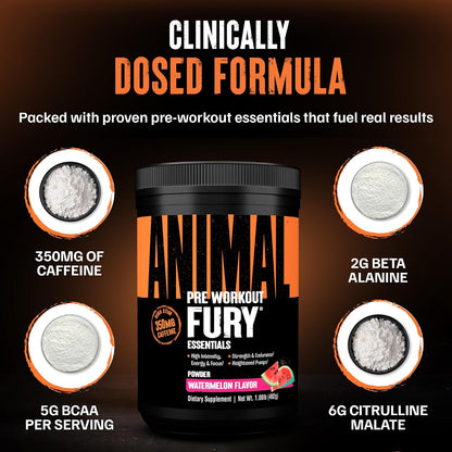Fury Pre Workout Powder Supplement for Energy and Focus 5G BCAA 350Mg Caffeine Nitric Oxide without Creatine Powerful Stimulant for Bodybuilders, Watermelon