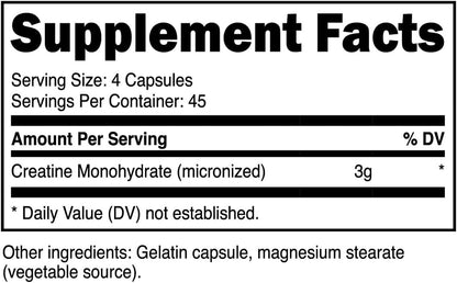 Creatine Monohydrate (3,000 Mg, 180 Caps) - Micronized Creatine Supplement, 750Mg per Capsule, Great for Preworkout and Recovery - Gluten-Free, Non-Gmo