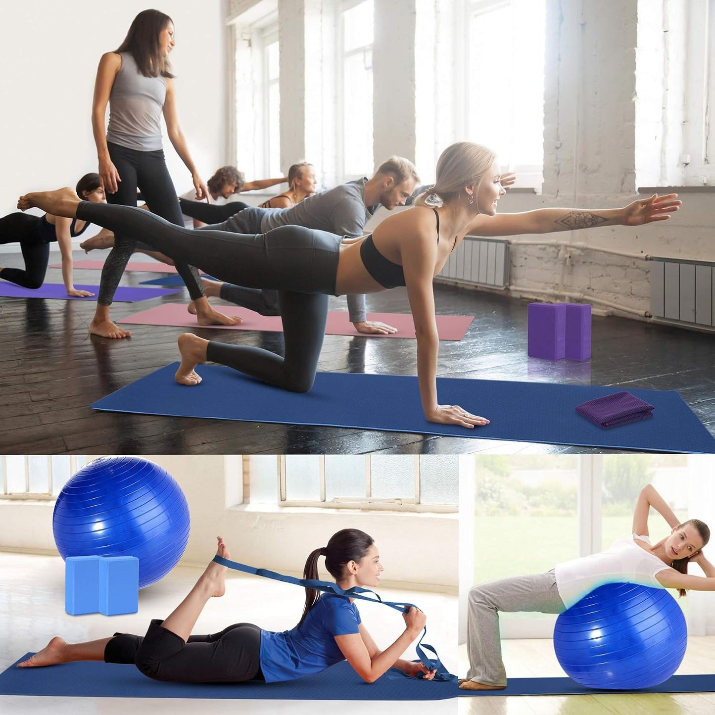 Yoga Starter Kit - 11-Piece Set with Yoga Blocks, Strap, Ball, Mat, Carrying Strap, Net Bag, Cooling Towel