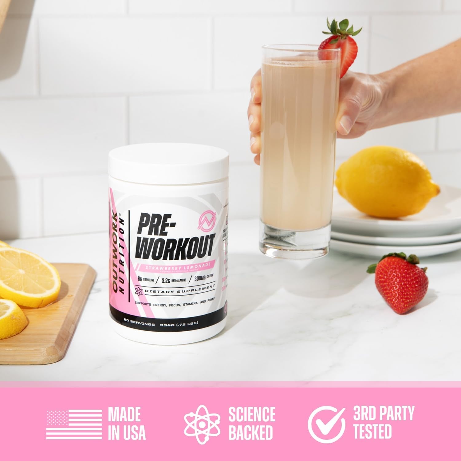 Preworkout for Men & Women - Nootropic Pre Workout without Creatine, Pre-Workout Powder with Taurine Rhodiola Citrulline Malate Beta Alanine Caffeine (Strawberry Lemonade)