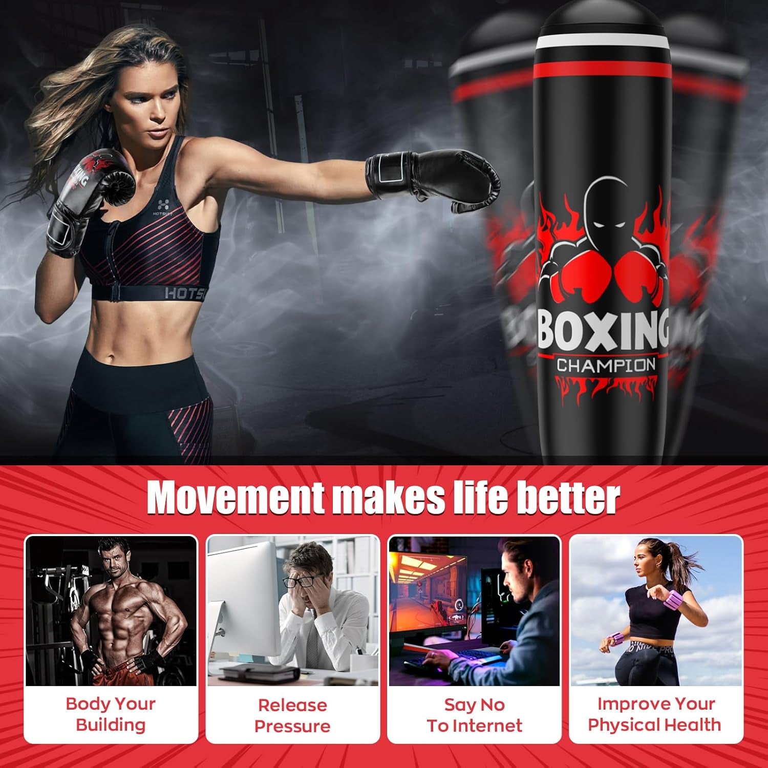 Freestanding Punching Bag for Adults,70'' Boxing Bag with Stand Kicking Bag Heavy Bag,Includes Boxing Gloves and Electric Air Pump,Women Men Kickboxing Bags for Beginners Training Thai Fitness Karate