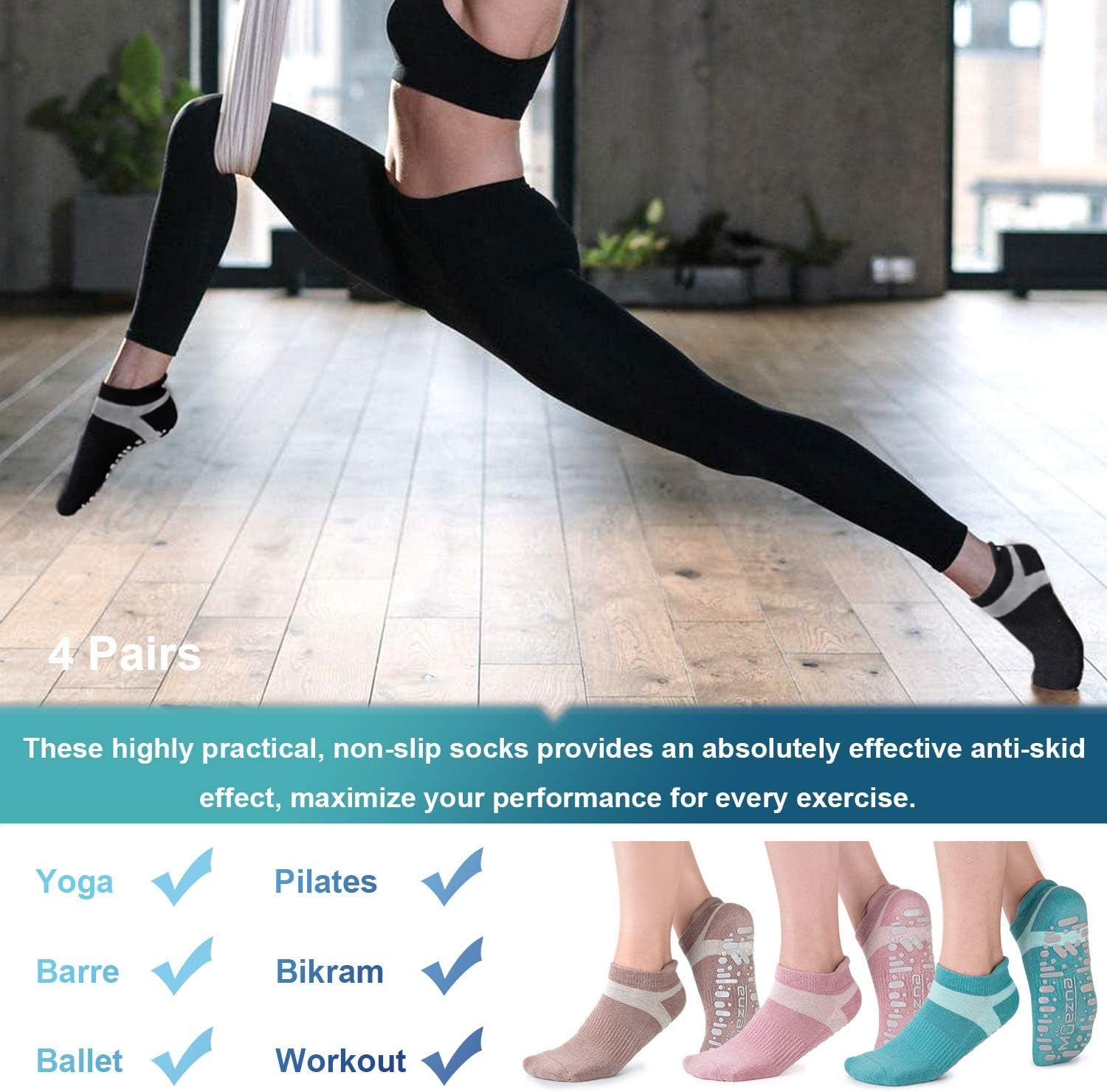 Non Slip Yoga Socks for Women, Anti-Skid Pilates, Barre, Hospital Socks with Grips, Size 5-10