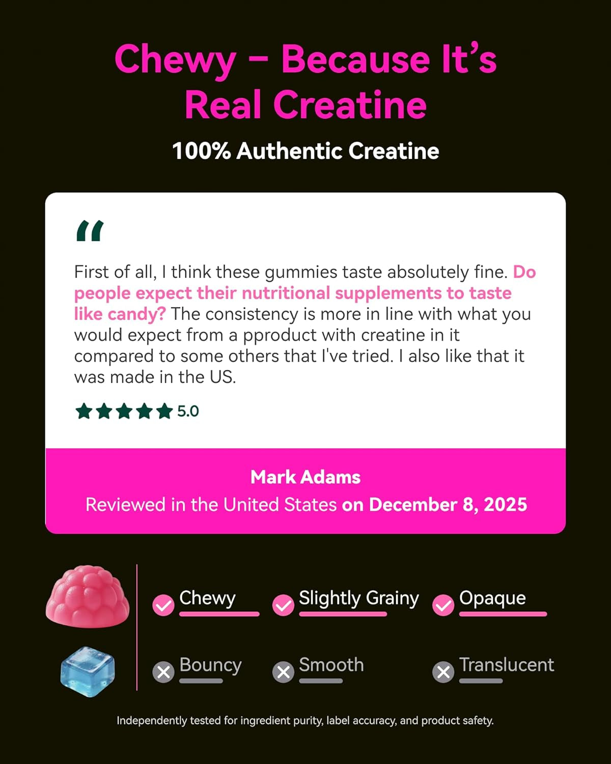 Creatine Monohydrate Gummies for Men & Women 5000 Mg, 3Rd Party Tested, Creatine Chews for Muscle Growth, Strength & Energy Support, Sugar Free, Vegan, 120 Count