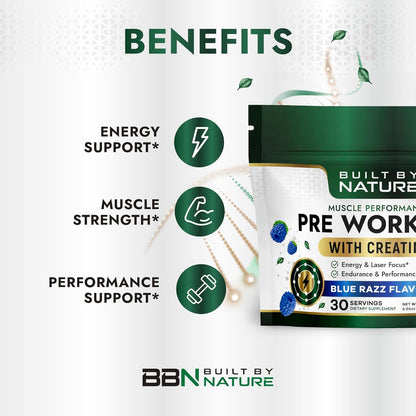 Pre Workout Powder for Men & Women – Preworkout with Creatine for Energy, Focus & Pumps – Sports Nutrition Pre-Workout Supplement – Blue Razz Flavor, 30 Servings