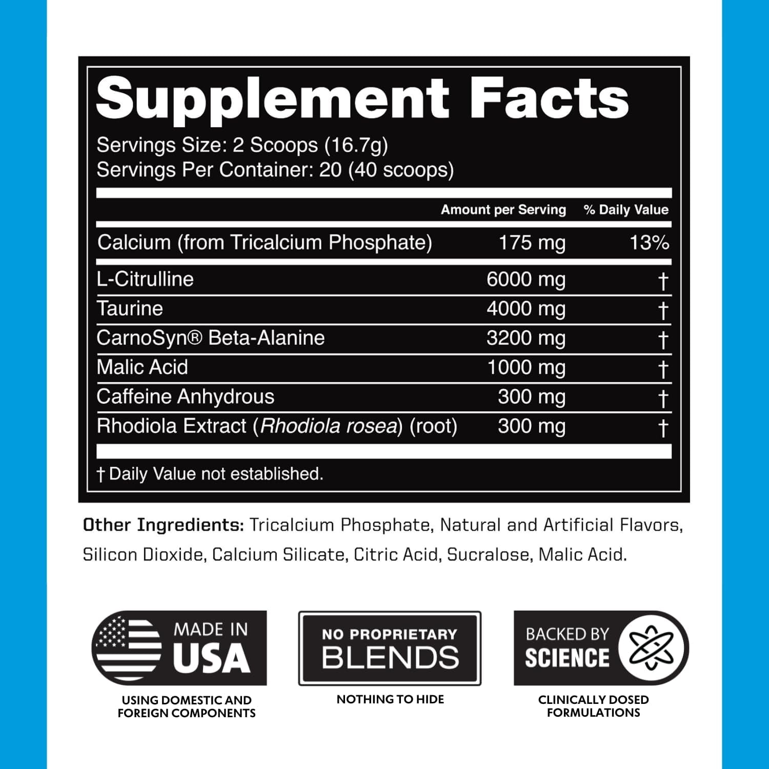 Preworkout for Men & Women - Nootropic Pre Workout without Creatine, Pre-Workout Powder with Taurine Rhodiola Citrulline Malate Beta Alanine Caffeine (Blue Raspberry)