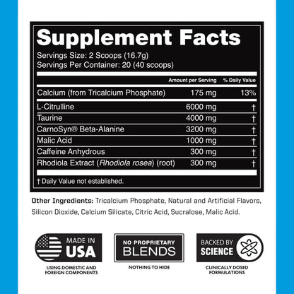 Preworkout for Men & Women - Nootropic Pre Workout without Creatine, Pre-Workout Powder with Taurine Rhodiola Citrulline Malate Beta Alanine Caffeine (Blue Raspberry)