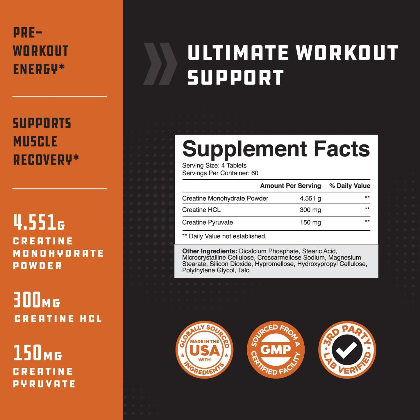 High Strength Tri Phase Creatine Tablets for Women & Men - Formula Blend of Creatine Monohydrate, 300Mg HCL & Pyruvate Supplement - Muscle Mass Gain & Recovery Supplement - 240 Count